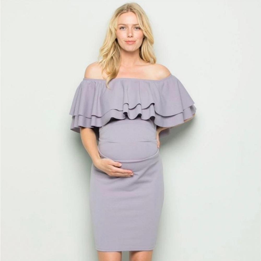 Maternity . Tiffany double layer ruffle off shoulder dress . NWT